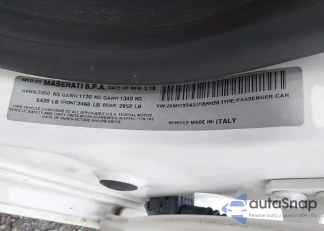 2018 Maserati Ghibli z USA, uszkodzony, nr VIN ZAM57XSA5J1299928